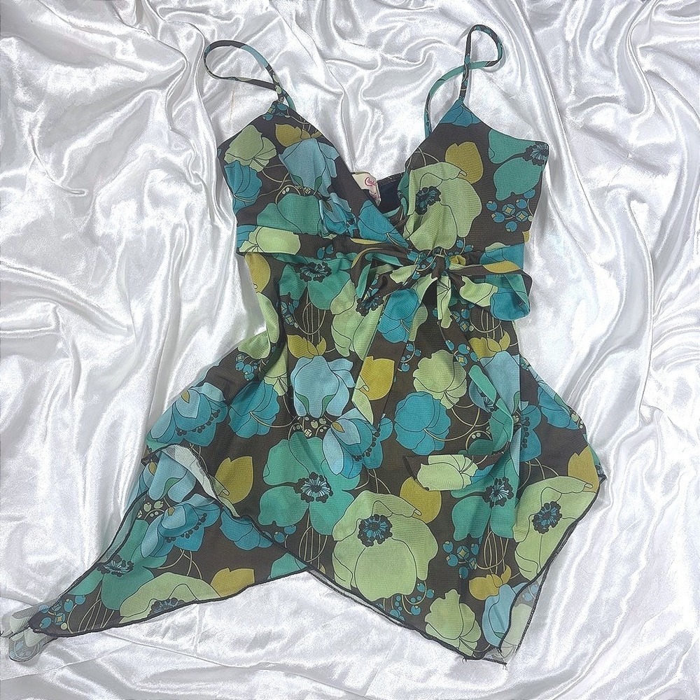 y2k Camisole Teal Good Candies Floral Handkerchief Hem Mesh Top XL
